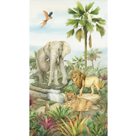Poster intissé - animaux de la jungle en couleur - lion, éléphant, perroquet - 150 x 270 cm (1/4)