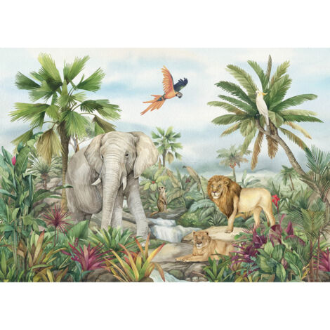 Poster intissé - animaux de la jungle en couleur - lion, éléphant, perroquet - 155 x 110 cm (1/3)
