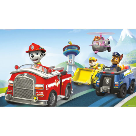 Papier peint panoramique encollé Pat 'patrouille - Motifs Stella, Chase, Ruben, Marcus, camion de pompiers, voiture de police, hélicoptère, pelleteuse - 320 cm x 182,88 cm (1/4)