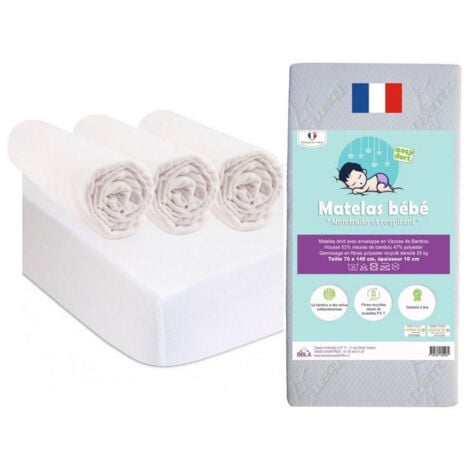 Matelas 70x140 cm + 3 Draps housse + 2 Alèses Coton BIO