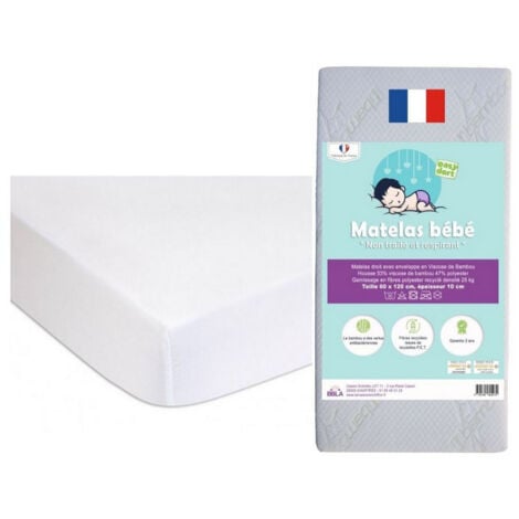Matelas 60x120 cm + 2 Alèses Coton BIO Blanc