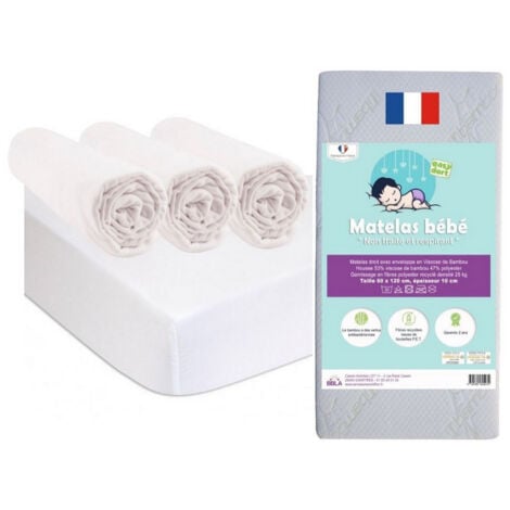 Matelas 60x120 cm + 3 Draps housse + 2 Alèses Coton BIO