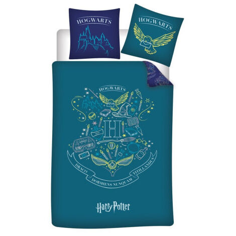 Parure de lit réversible Harry Potter - Blason -Hogwarts- - Bleue et Vert - 140 cm x 200 cm (1/2)