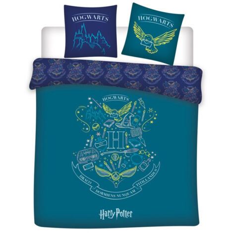 Parure de lit double réversible Harry Potter - Blason -Hogwarts- - Bleue et Vert - 220 cm x 240 cm (1/3)