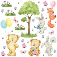 Stickers animaux de la foret ourson, renard, lapin - 1 planche 30x30cm