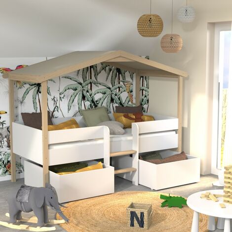 Le Quai Des Affaires – Lit cabane 90x190 cm avec 2 tiroirs – Hêtre massif et MDF – Sommier 12 lattes – Matelas 11 cm épaisseur – Dimensions 213x107x166 cm
