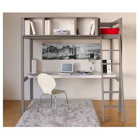 Vente-Unique – Lit mezzanine 90x190 avec bureau et rangement 3 niches – Épicéa massif – Charge max 80 kg – Hauteur max matelas 14 cm – Gris taupe (1/3)