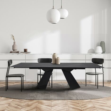 Le Quai Des Affaires – Table à manger extensible en pierre sintérisée 160x90 cm – 2 allonges 40 cm – Noir effet marbre – 10 personnes – Pieds métal
