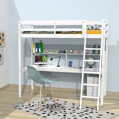 Le Quai Des Affaires – Lit mezzanine 90x190 cm avec bureau, étagère et caisson 3 tiroirs – Structure en pin massif – Finition blanche – Hauteur sous sommier 150.5 cm