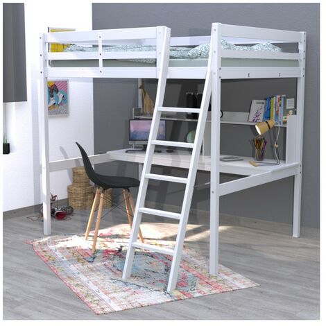 Le Quai Des Affaires – Lit mezzanine 140x190 cm en pin massif blanc – Bureau et étagère inclus – Distance sol / dessous sommier 150,5 cm – Charge maximale 160 kg