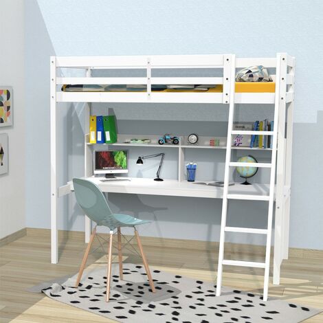 Le Quai Des Affaires – Lit mezzanine 90x190 cm blanc avec bureau et étagère – Structure en pin massif – Hauteur de passage 150.5 cm – Charge maximale 80 kg