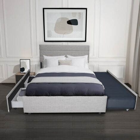 Le Quai Des Affaires – Lit Palermo 140x200 avec 2 tiroirs et tiroir-lit 90x190 – Tissu gris clair – Dimensions 203x142x105,5 cm – Sommier 12 lattes en bois