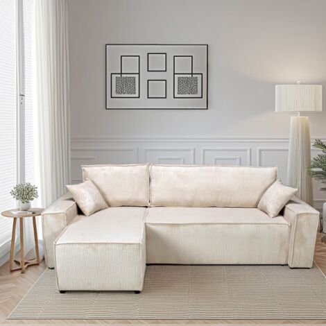 Le Quai Des Affaires – Canapé d'angle convertible réversible avec coffre – Velours côtelé beige – Dimensions L248 x H87 x P144 cm – Couchage 140 x 204 cm - L248xH87xP144