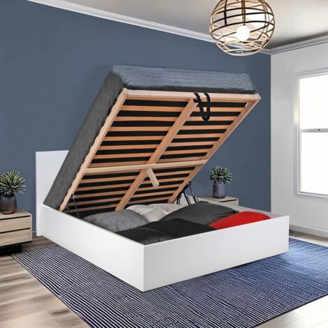 Le Quai Des Affaires – Lit coffre MADRID 180x200 – Structure en panneau de particules blanc – Grand coffre de rangement – Sommier 15 lattes multiplies