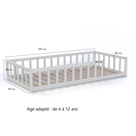 Lit NINO 90x190 + 1 sommier + barrière / Blanc/ 196,4x97x36