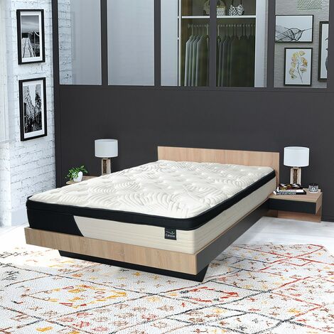 Le Quai Des Affaires – Lit avec tiroirs 140x190 cm – 2 chevets suspendus – Matelas CASSIE 30 cm mousse mémoire – Décor chêne blanchi et noir – Dimensions totales 193x234x75 cm