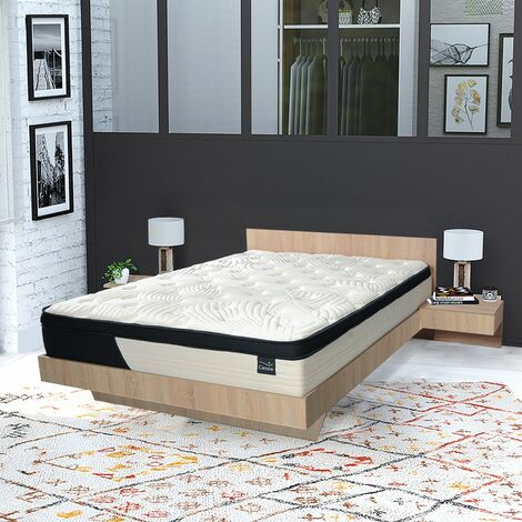 Le Quai Des Affaires – Lit COOL 140x190 cm avec 2 chevets et matelas CASSIE – Sommier inclus – Décor chêne blanchi – Dimensions totales 193x234x75 cm