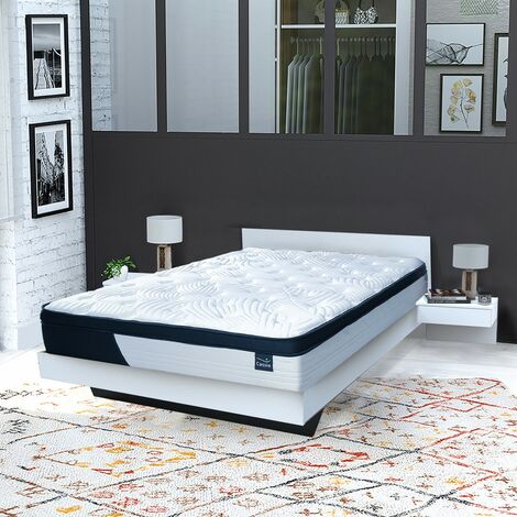 Le Quai Des Affaires – Lit avec tiroirs 140x190 cm – 2 chevets suspendus avec tiroirs – Matelas CASSIE 30 cm mousse mémoire – Structure bicolore moderne
