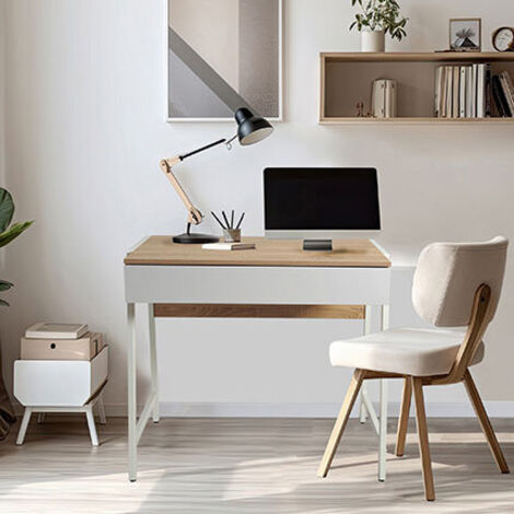 Le Quai Des Affaires – Bureau droit 1 tiroir 84x48x76 cm – Structure métal – Plateau en panneaux de particules décor chêne blanchi et blanc – Pour télétravail (1/6)