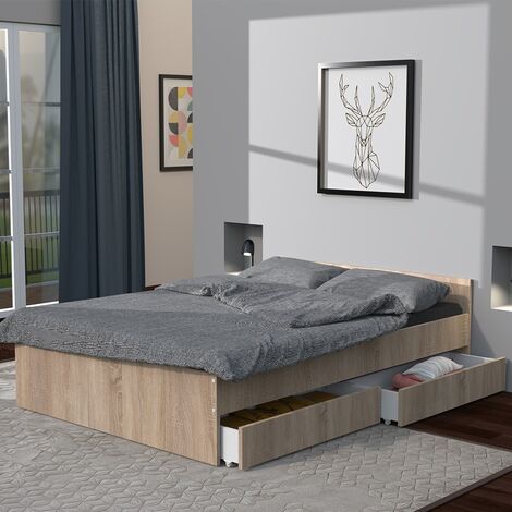 Le Quai Des Affaires – Lit avec 2 tiroirs 160x200 cm – Chêne blanchi – Structure en panneau de particules – Hauteur 59 cm – Rangement efficace