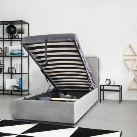 Le Quai Des Affaires – Lit coffre PARMA 90x190 cm – Gris clair – 417 litres de rangement – Cadre en MDF – Sommier 12 lattes en bois – Tête de lit capitonnée (1/5)