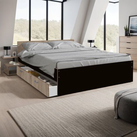 Le Quai Des Affaires – Lit adulte 140x190 avec chevet et tiroir – Décor noir et chêne blanchi – Dimensions totales 194x144x65 cm – Optimisation rangement espace nuit (1/5)