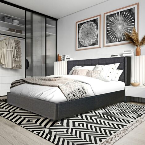 Le Quai Des Affaires – Lit coffre WEMBLEY 160x200 – Coffre de rangement 815L – Structure métal avec lattes bois – Tissu 100% polyester – Dimensions 218x176x111 cm (1/5)