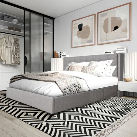 Le Quai Des Affaires – Lit coffre 160x200 avec sommier métal – Coffre de rangement 815L – Tissu 100% polyester gris clair – Dimensions 218x176x111 cm