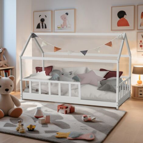 Le Quai Des Affaires – Lit cabane 90x200 cm blanc – Structure en pin massif – Barrière de sécurité 28 cm – Sommier à 13 lattes – Pour enfants de 4 à 12 ans