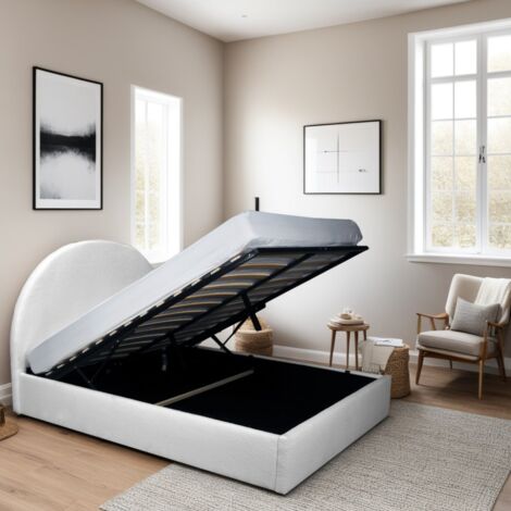 Le Quai Des Affaires – Lit coffre tissu bouclette 160x200 cm – Sommier multiplis – Tête de lit arrondie – Coffre de rangement spacieux – Blanc