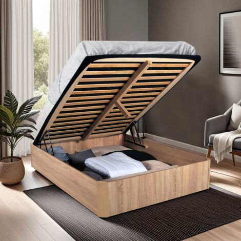 Le Quai Des Affaires – Lit coffre 140x190 cm avec sommier – Décor chêne blanchi – Capacité coffre 718 litres – Panneaux de particules et MDF