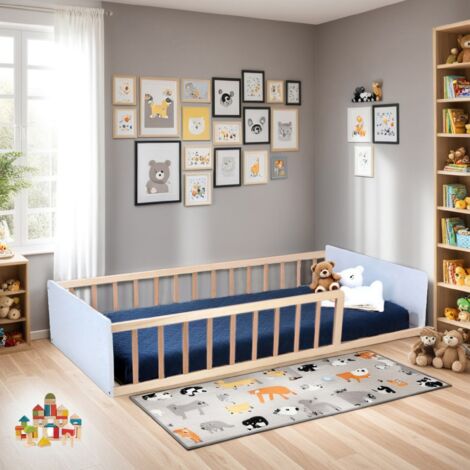 Le Quai Des Affaires – Lit simple 90x190 cm avec sommier – Barrières en tilleul et hêtre massif – Couleur blanc/naturel – Hauteur 37,5 cm