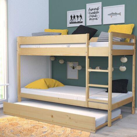 Le Quai Des Affaires – Lit superposé Wally 90x190 – 3 couchages en épicéa – 2 sommiers inclus – Lit tiroir pour gain de place – Finition bois clair