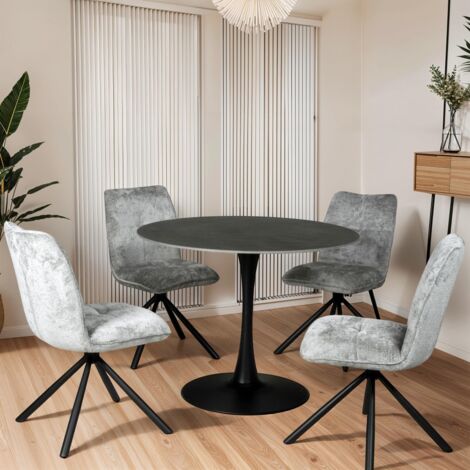 Le Quai Des Affaires – Table à manger ronde en pierre sintérisée noire – Diamètre 100 cm – Pour 4/5 personnes – Hauteur 77 cm – Pied en métal noir - 5personnes (1/4)