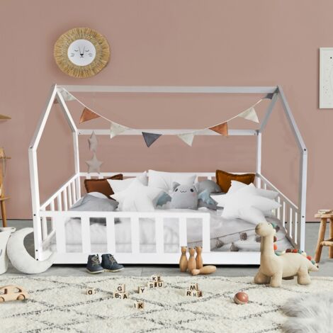 Lit cabane Kiwi 90x190 avec sommier et matelas /Blanc/ 197x97x141