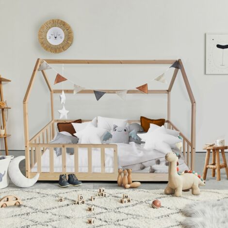 Lit cabane Kiwi 90x190 avec sommier et matelas /Naturel/ 197x97x141