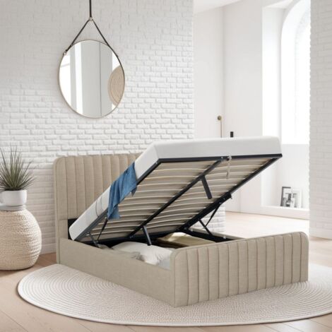 Le Quai Des Affaires – Lit coffre 160x200 cm NEVA – Grand coffre de rangement 663L – Structure en MDF et métal – Tête de lit intégrée – Beige (1/5)