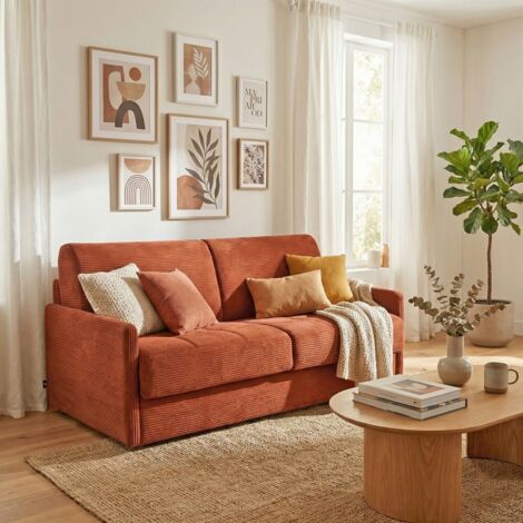 Le Quai Des Affaires – Canapé convertible 3 places en velours terracotta – Dimensions L210xH88xP174 cm – Couchage 140x190 cm – Structure bois massif