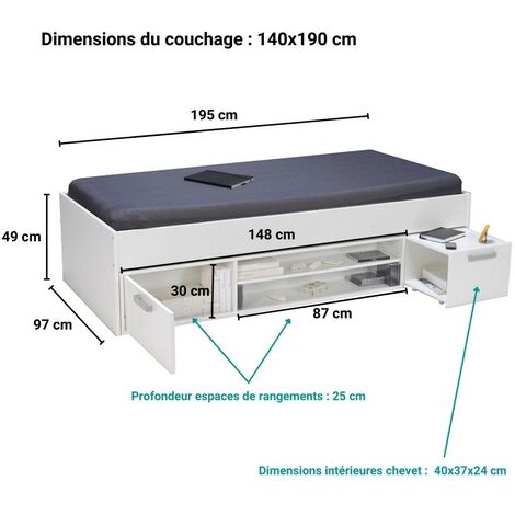 Lit TESS 90x190 + chevet + étagère + rangement / Blanc