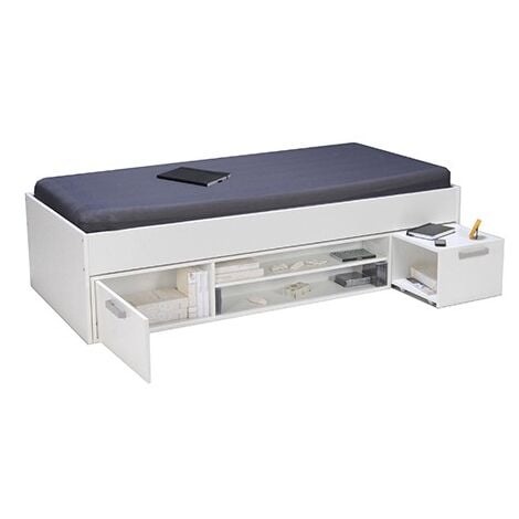 Lit TESS 90x200 + chevet + étagère + rangement / Blanc/ 205x97x49