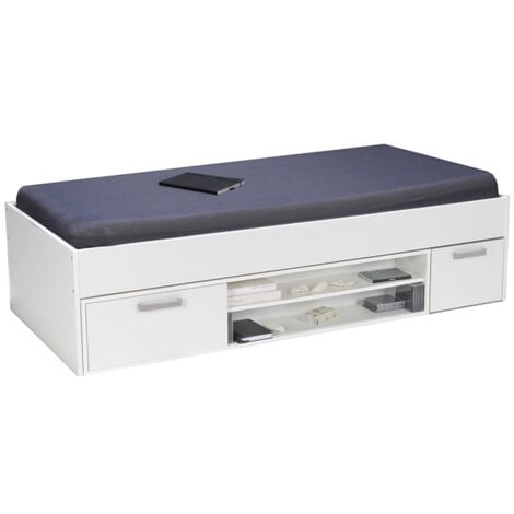 Lit TESS 90x200 + chevet + étagère + rangement / Blanc/ 205x97x49