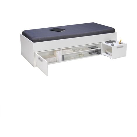Lit TESS 90x200 + chevet + étagère + rangement / Blanc/ 205x97x49