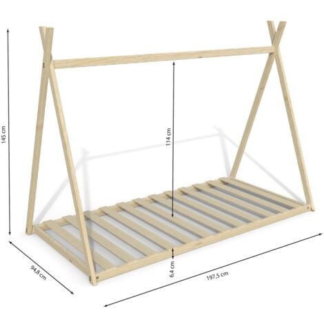 Lit cabane tipi SIOUX 90x190 cm + 1 sommier / Naturel/ 198x95x145