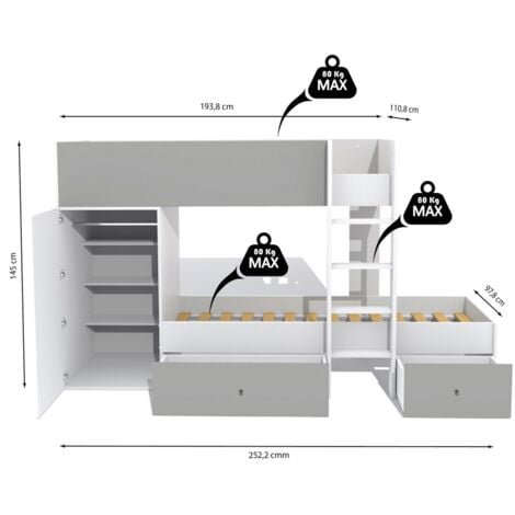 Lit Superposé TWIN 90x190 Avec Armoire Et Tiroirs + 2 Sommiers / Blanc ...