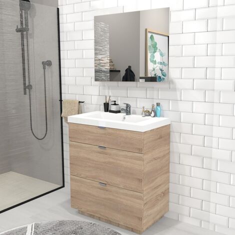 Le Quai Des Affaires – Meuble sous-vasque 3 tiroirs 80 cm – Vasque en résine blanc brillant – Miroir 80 x 70 cm – Décor chêne blanchi – Coulisses amorties