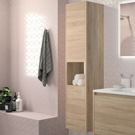 Le Quai Des Affaires – Colonne de salle de bain 2 portes – Décor chêne blanchi – Dimensions L35 x P30 x H150 cm – Structure mélaminée – Poignées laquées noires