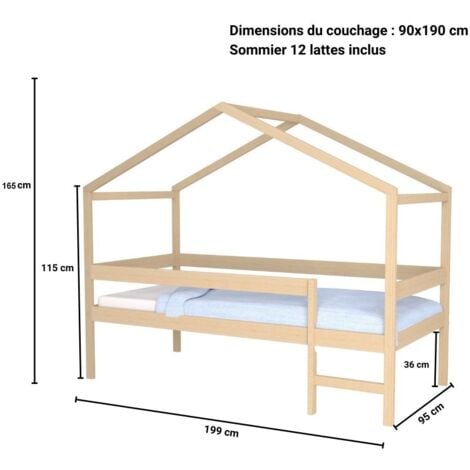 Lit cabane MIKA 90x190 + sommier / Naturel/ 199x95x165