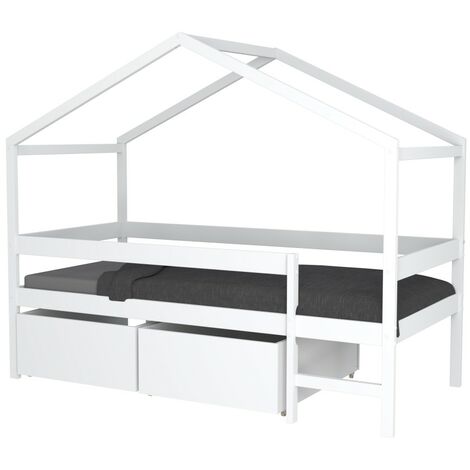 Lit Cabane MIKA 90x190 + Sommier + 2 Tiroirs / Blanc/ 199x95x165