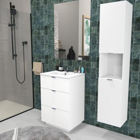 Meuble sous vasque MARBELLA 60 cm + vasque + miroir + colonne / Blanc/ (1/5)