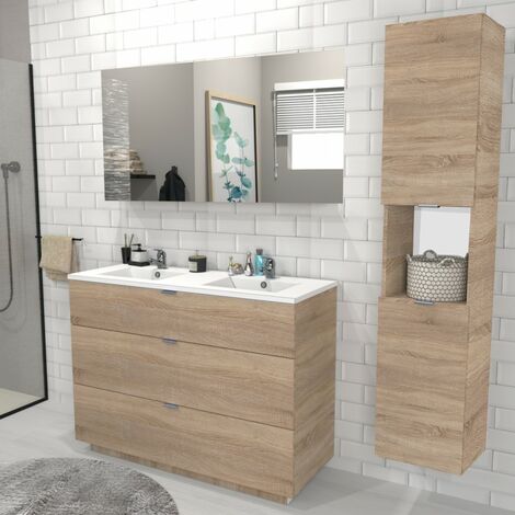 Le Quai Des Affaires – Meuble sous-vasque 120 cm avec vasque résine double – Miroir 120 cm – Colonne 4 niches – Chêne blanchi – Tiroirs avec coulisses amorties